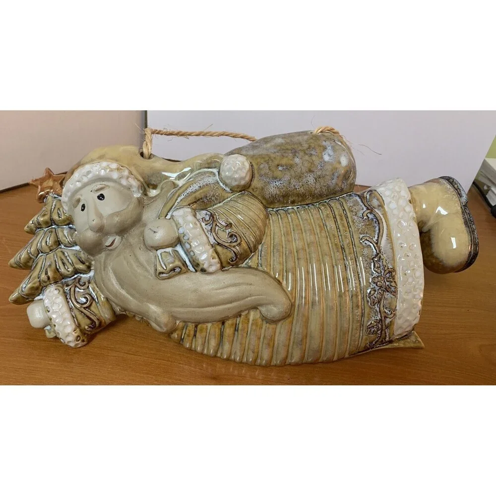 Santa Claus Ceramic Wall Hanging Tan and White W/ Twine Hanger